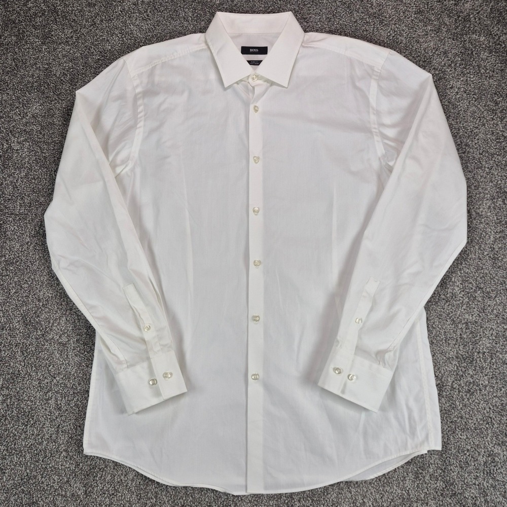 Hugo Boss Dress Shirt Mens 17 White Jenno Slim Fit Easy Iron
